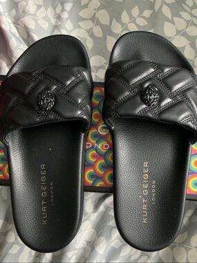 Kurt Geiger Quilted Black Slide Sandals with Signature Emblem